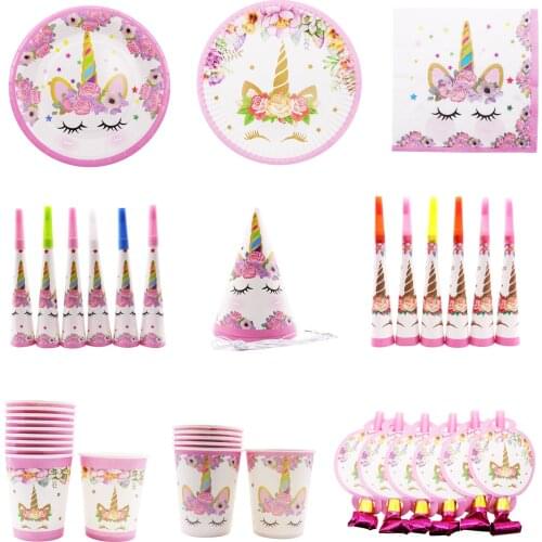 Unicorn Party Decoration Girl Birthday Cake Toppers Unicorn Theme Paper Cup Hat Napkins Plate Tablecloth Kid Gift Party Supplies