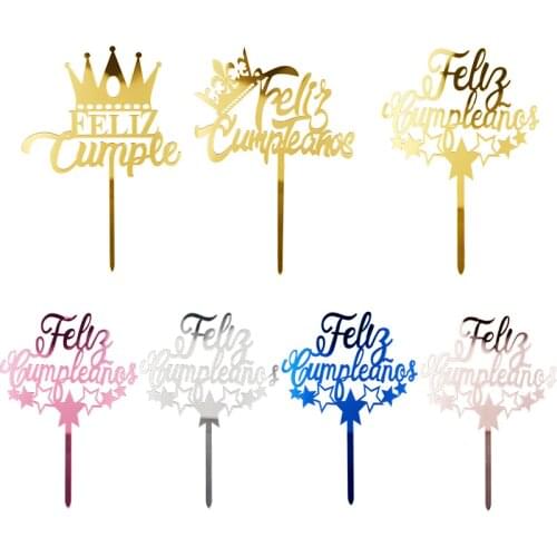 Spainish "feliz cumpleaño" Stars Crown Cake Topper Golden Acrylic Cake Topper party Dessert Decor for Baby shower Baking supply