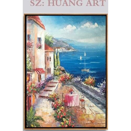 Italian Coast Town Beach Landscape Hand Painted oil Painting on Canvas Home Decoration Greek scenic hotel decorati