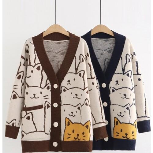 Harajuku Kawaii Cartoon V Neck Cardigan Women Cute Cat Vintage Knitted Sweater Female Retro Fashion Long Sleeve Knitwear Coat