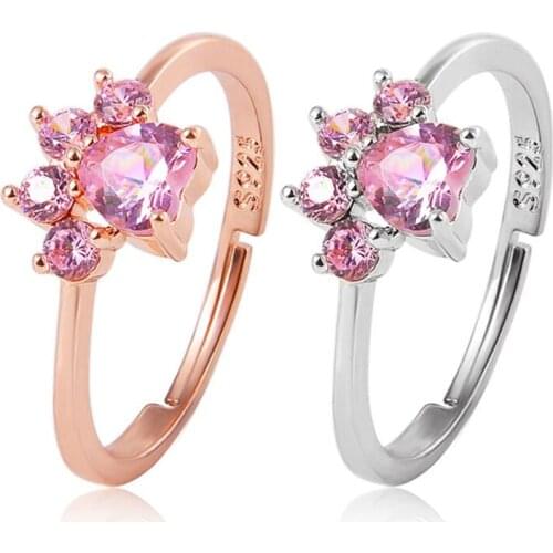 Cute Bear Paw Cat Claw Opening For Women Adjustable Ring Gold Color Rings Romantic Wedding Pink Crystal CZ Love Gifts Jewelry