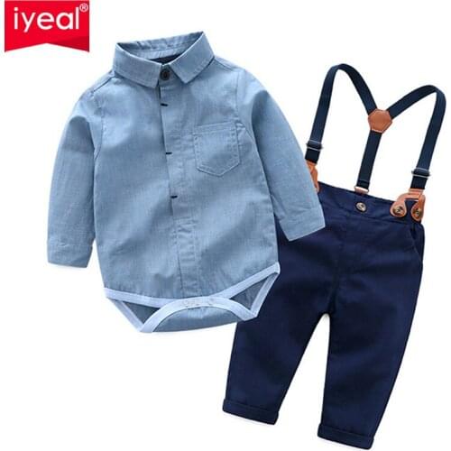 IYEAL Fashion Wedding Birthday Party Baby Boys Clothes Sets Cotton Romper Shirt +Bib Pant Toddler Infant Kids Outfits Costume