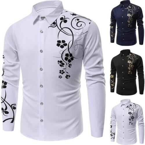 Nylon Polyester Turn Down Collar Plus Size Men Flower Print Button Turn Down Collar Long Sleeve Shirt Top shirt men