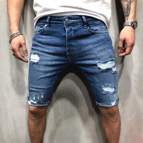 Mens Stretchy Denim Shorts Solid Color High Waist Elastic Knee Length Short Ripped Jeans Pants with Pockets for Summer