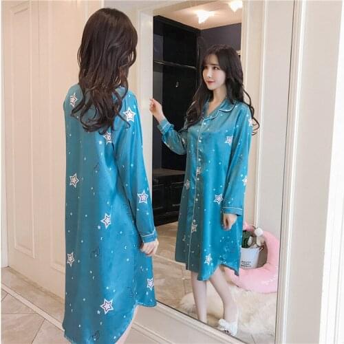 Spring autumn new womens plus size nightdress ice silk suit long sleeve cardigan long skirt Korean home clothes for women