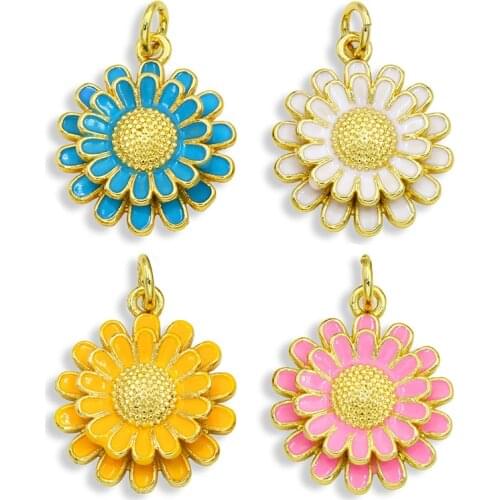 OCESRIO 7 Colors Brass Flower Daisy Necklace Charms for Jewelry Making Bulk Supplies 18K Gold Plated Small Enamel Charms pdta318