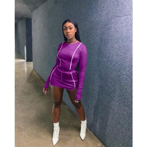 Echoine Autumn Long Sleeve Mini Skirt Set 2 Piece Set Skinny Bodycon Reflective Stripe Matching Set Club outfits Fashion Sporty