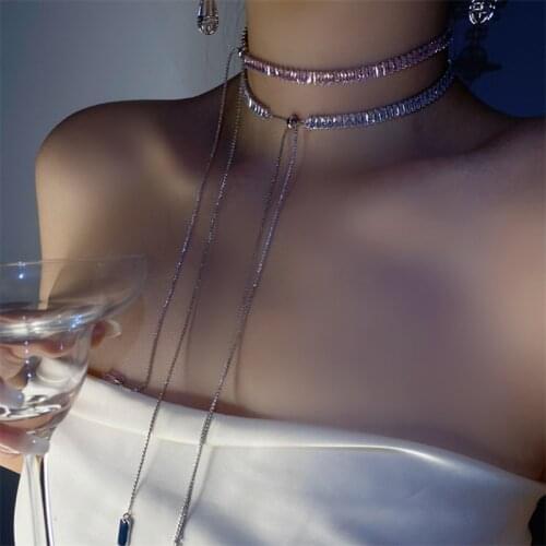 Origin Summer Temperament Cubic Zircon Chokers Necklace for Women Long Tassel Pink Blue Metal Chain Adjustable Necklace Jewelry