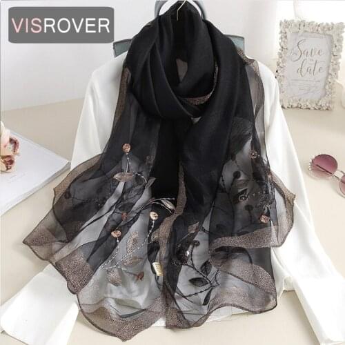 VISROVER new summer women silk scarf embroidery flower fashion Woman hijab Beach cover-ups wraps bandana silk scarves wholesales