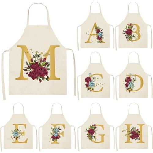Flower Letter Alphabet Pattern Kitchen Apron For Woman Sleeveless Cotton Linen Aprons Cooking Home Cleaning Tools 53*65cm WQ0039