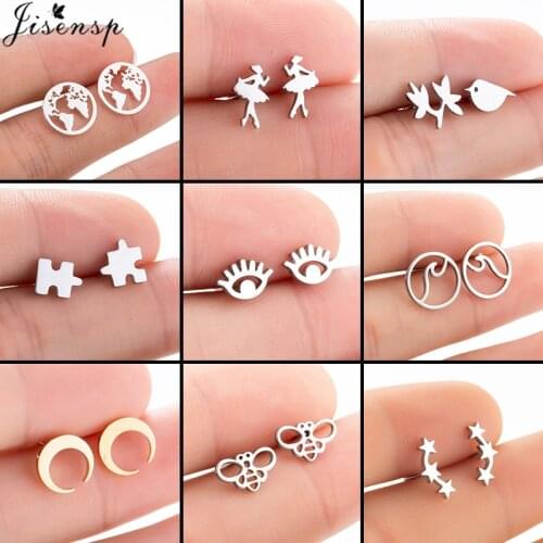 Fashion Punk World Map Stainless Steel Earrings for Women Kids Black Geometric Puzzle Ballet Wave Bee Stud Earring New Year Gift