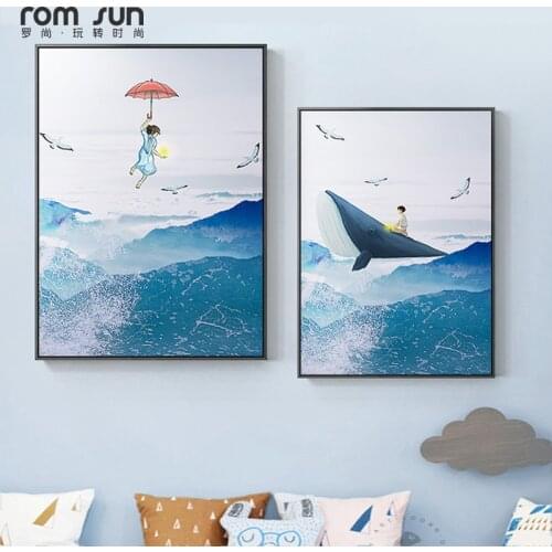 Nordic Style Blue Whale Ocean Cartoon Painting Childish Wall Art Poster and Print For Boy Childrens Room Nursery Decoration HD