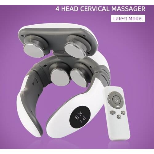 TENS Pulse 4 Head Cervical Massager Hot Compress Neck Kneading Massager Back Spine Pain Muscle Relief Relaxation Machine Remote