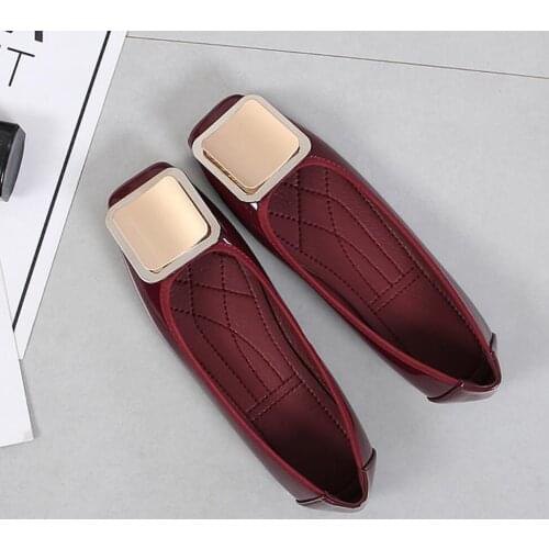 Patent Leather Flats Shoes Women Spring Buckle Skid-Proof Ballerina Square Toe Flat Slip On Casual Loafer Shoes Shallow Shoes