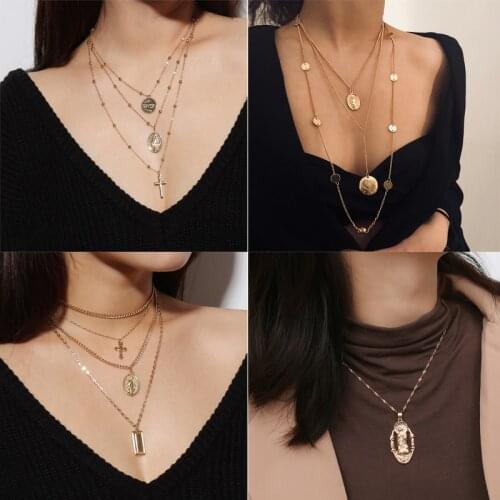Vintage Necklace Cross Virgin Mary Pendant Necklace Gold Chain Multilayer Clavicle Necklace Women Exquisite Statement Jewelry