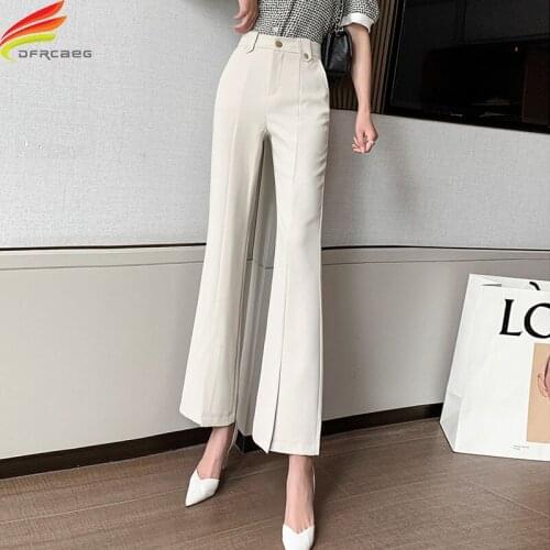 New 2021 Autumn High Waist Flare Pants Women Bottom Slit White Or Black Korean Fashion Straight Loose Casual Trousers Woman