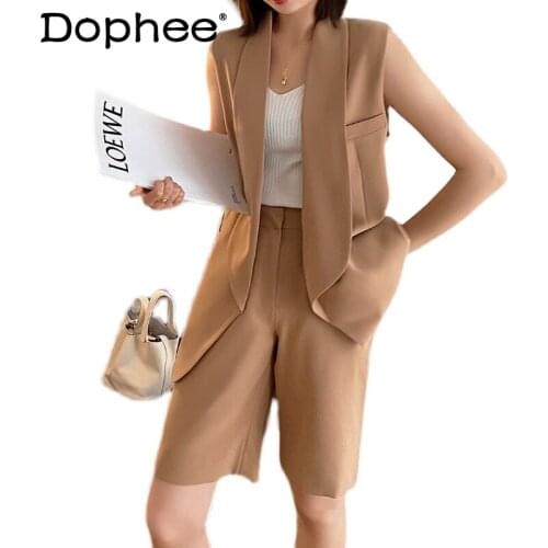 Women Solid Colour Elegant Suit Vest Suit Female 2021 Summer New Fashion Sleeveless Vest Straight Simple Shorts Two-Piece Set