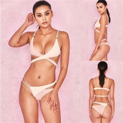 Womens Sexy Solid Color Swimsuit Classic Sleeveless Sling Tops Briefs Set Deep V-neck Swimming Suit Two-Piece Suits