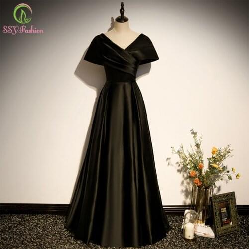 SSYFashion New Simple Black Satin Evening Dress Sexy V-neck A-line Floor-length Formal Party Gowns for Women Vestidos De Fiesta