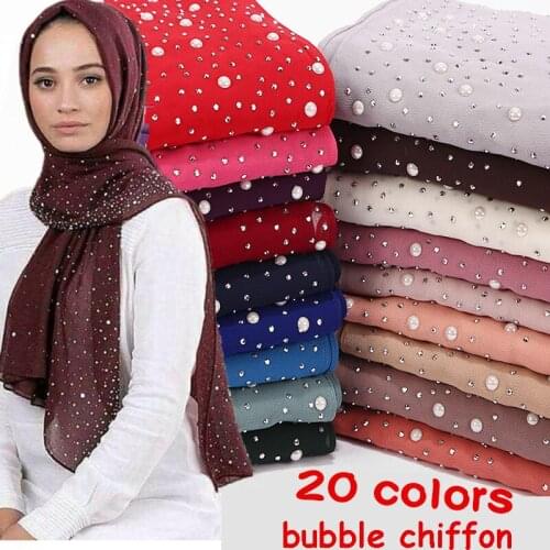 1 pc New Womens Bubbles Chiffon Scarf With diamond studs Pearls scarf plain hijab shawls Wraps solid color muslim hijab scarf