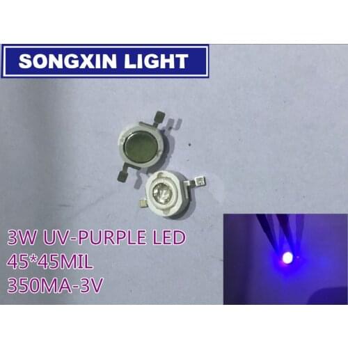 100pcs/lot 45mil Epistar 3W UV LED Lamp Beads Purple High Power LED Light-emitting diodes 390NM-395NM 140 Deg Light source 350ma