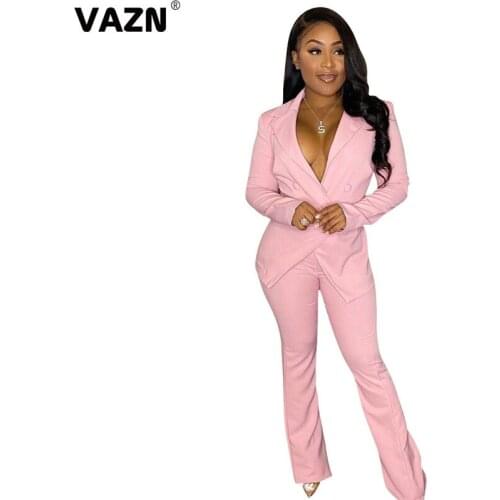 VAZN 2020 Autumn Hot List High-end Solid Regular Office Sweet Full Sleeve Cloth Group Long Flare Pants Women 2 Piece Set