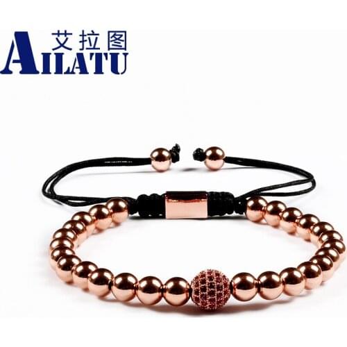Ailatu New Arrival 6mm Advanced Plated Round Beads Micro Inlay Red 8mm Cz Ball Braiding Macrame Bracelet