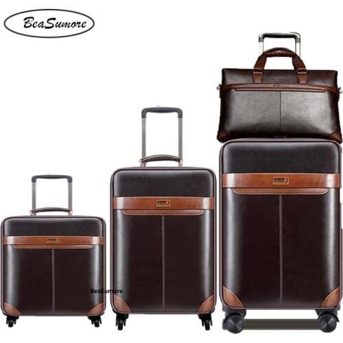 BeaSumore Men Business Rolling Luggage Set Spinner 24 inch Retro Wheel Suitcases 20 inch Cabin Trolley password Travel Bag