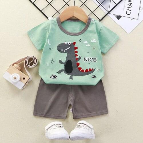 Baby Clothing With Short Sleeve Pullover Tee Shirts + Shorts Green Dinasuar Print Clothes Set For Kids Infant Toddler Clothes