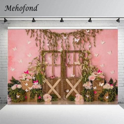 Girl Cake Smash Photography Backdrops Pink Green Plants Butterfly Wood Door Flower Newborn Birthday Photo Background Photozone
