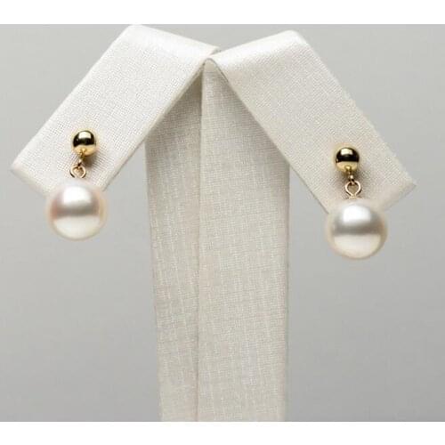 Elegant 8.5-9mm Genuine Akoya Cultured White Pearl Drop Earrings 14k Yellow Gold