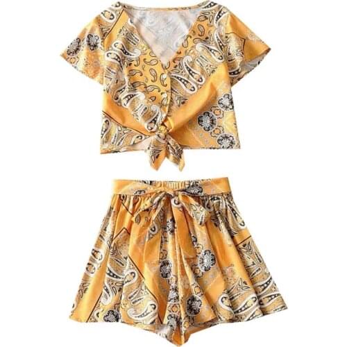 2 piece outfits for women new style fashion floral print V-neck knotted short shirt lace-up shorts fashion two-piece suit women