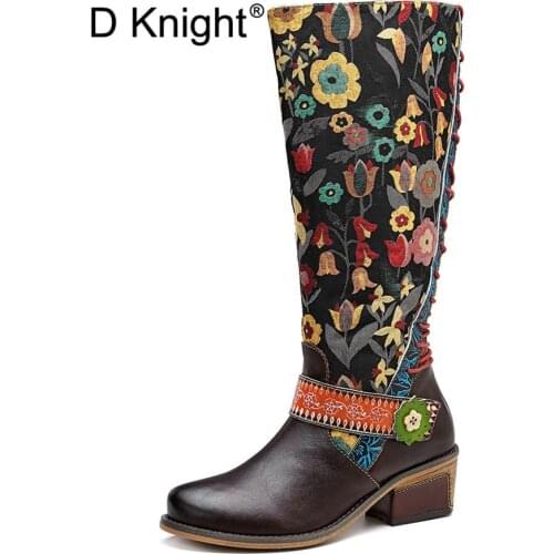 Fashion Retro Knee High Boots Women Genuine Leather Printed Flower Winter Autumn Boot Women Shoes Woman Zipper Block Heels Botas