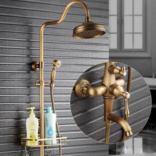 Wall Mount Rainfall 8" Shower Faucet Complete Set Single Handle with Handshower Antique Brass Bathroom Shower Mixer Tap