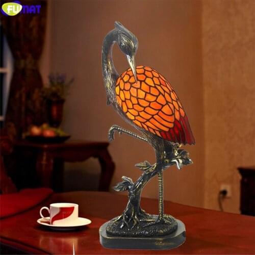 FUMAT Bird Cranes Tiffany Style Table Lamp Multi Stained Glass Desk Light Copper Resin Frame Classical Decorative Art Lighting