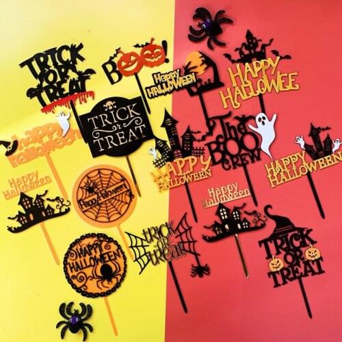New 16 styles Happy Halloween Acrylic Cake Topper Pumpkin spider Tirck Treat Cake Topper For Halloween Party Cake Decorations