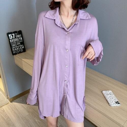 2021 New Summer Womens Nightdress Sexy Nightgown Cardigan Lapel Solid Color Shirt Skirt Housewear Female Sleepwear Nightwear
