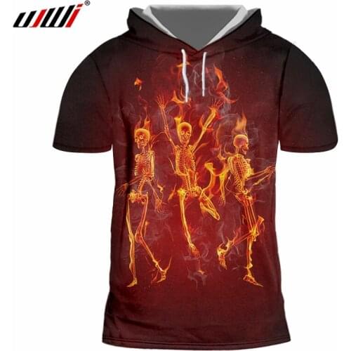 UJWI New Funny Shine Hooded Tshirt 3D Printed Man Interesting Hoodies Tee Shirt Black Red Creative Dance Flame Skulls Mens