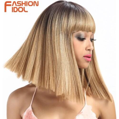 FASHION IDOL Short Bob Wigs Cosplay Bangs 14inch Straight Hair Ombre Blonde High Temperature Fiber Synthetic Wig For Black Women
