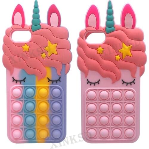 For iPhone 5 6 7 8 Plus Rainbow Unicorn Case For iPhone Xr Xs X Se2 12 11 Pro Max Cover Reliver Stress Fidget Toys Push Bubble