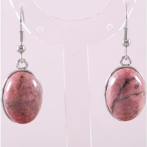 Natural Stone Dangle Earrings For Women Real Pink Rhodonite Oval Beads Stainless Steel Earrings 1Pair U420