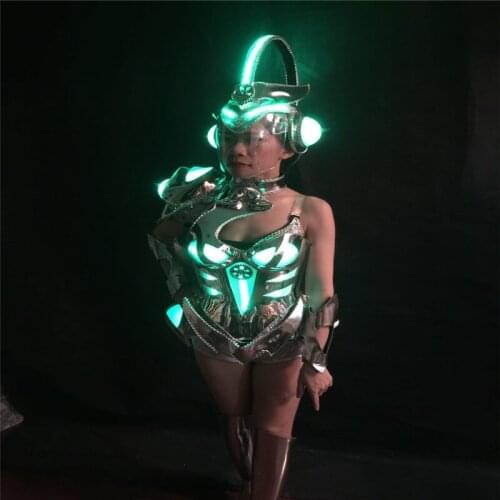 KS03 Ballroom dance led costumes RGB colorful light female bodysuit mirror dress outfits dj wears luminous headpiece armor cloth