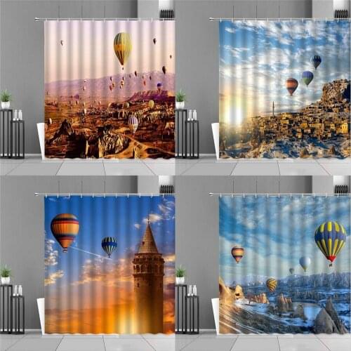 Turkish Hot Air Balloon Scenery Shower Curtains Romantic Turkey Colourful Balloons City Landscape Bath Curtain Waterproof Cloth