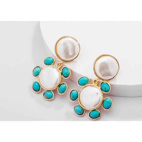 PPG&PGG Vintage Gold Statement Earrings Natural Green Stone Drop Earrings for Women Simulated Pearl Earrings Women Jewelry