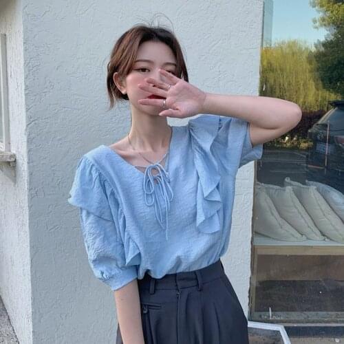 Women Blouse Light Blue 2021 Summer V-neck Flounce Short Sleeve Top For Women Blusas Mujer De Moda