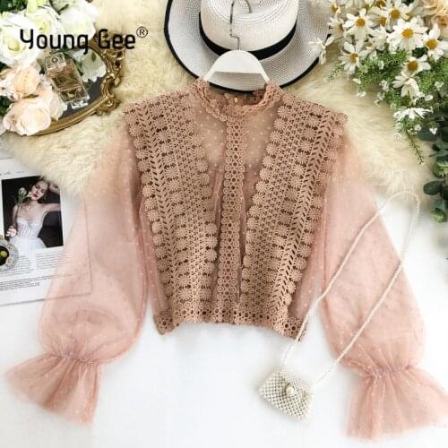 Young Gee Spring Summer Womens Tops and Blouses Elegant Lace Tops Sexy Mesh See-through Long Sleeve Sweet Blouse blusa feminina