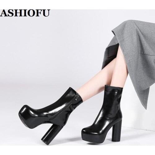ASHIOFU Handmade Ladies Thick Heel Platform Boots Patent Leather Round-toe Ankle Booties Party Sexy Evening Fashion Short Boots