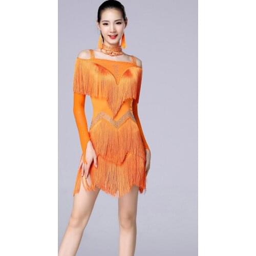 Female Latin Dance Costumes Adult Fringe Long Sleeve Dress Latin Dance Professional Competition Dress Performance Clothes DQL606