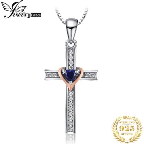 Cross Heart Created Blue Sapphire Pendant Necklace 925 Sterling Silver Gemstones Choker Statement Necklace Women No Chain