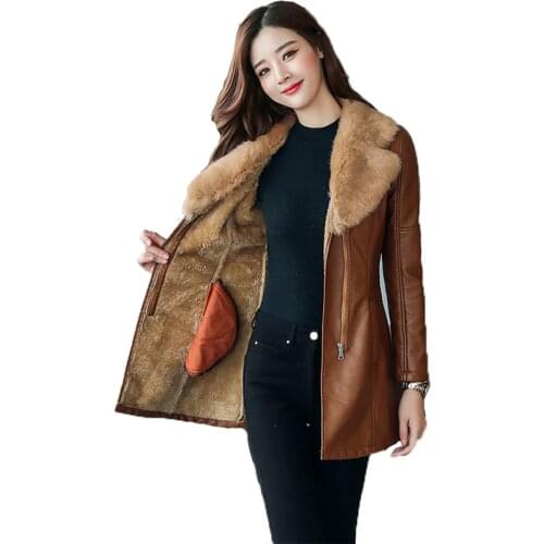 Women faux leather coat plus size slim korean long sleeve Plus velvet PU coat 2019 autumn winter new fashion warmth jacket LR575